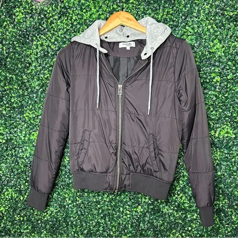 Charlotte Russe Black Grey Detachable Bomber Hoodie Jacket Sz Small